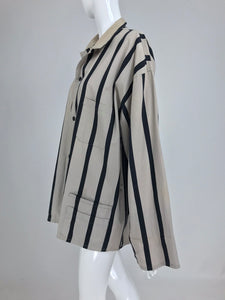 Yohji Yamamoto Mens Black and Taupe Cotton Stripe Button Front Work Jacket 1990