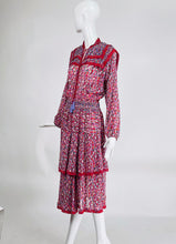 Diane Freis Red & Purple Mix Print Smocked Waist Tiered Dress