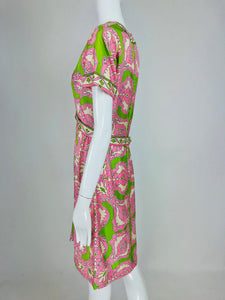 SOLD Richard Kaplan Silk Print 1960s Dress in Lime Green and Pink Vintage