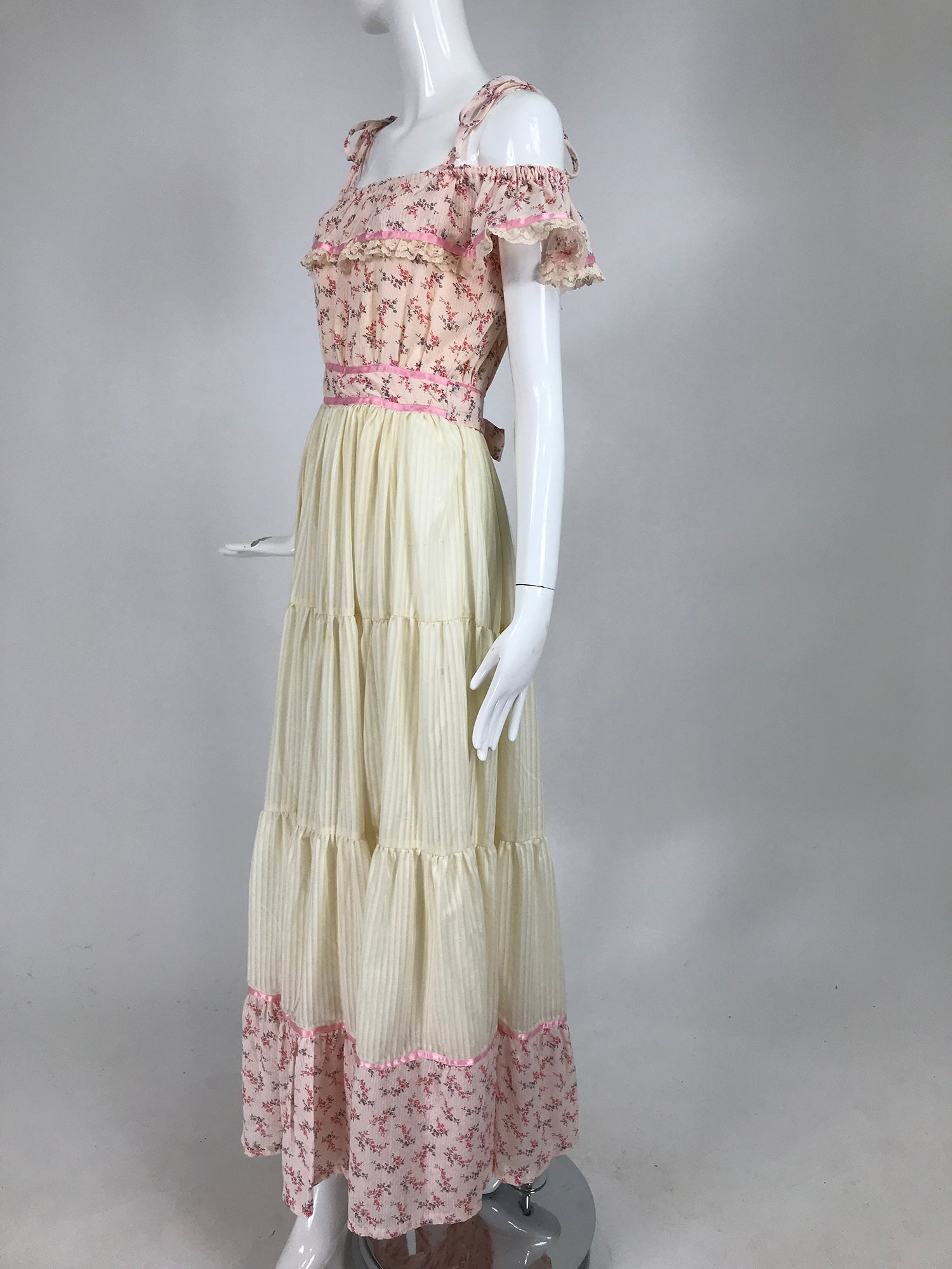 Vintage Mini Floral Tiered Ruffle Maxi Dress 1970s Prairie Style