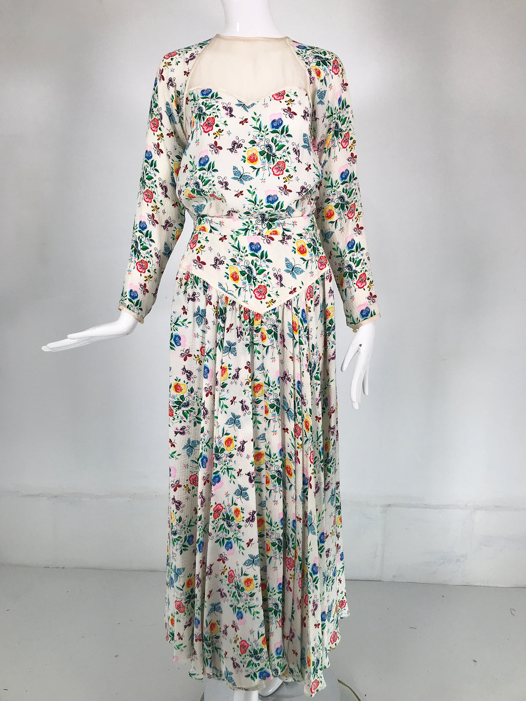 Geoffrey Beene Floral Cloque Silk & Sheer Silk Top & Yoke Hip Maxi Skirt 1970s