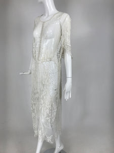 Vintage Handmade White Filet Lace with Embroidery and Cord Work Dress 1920s