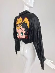 SOLD Maziar Betty Boop cowgirl black fringe leather jacket 1980s