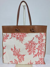 SOLD Valentino leather trimmed painted coral canvas tote bag