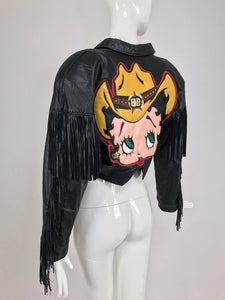 SOLD Maziar Betty Boop cowgirl black fringe leather jacket 1980s