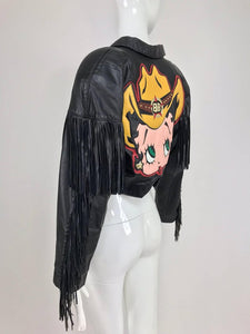 SOLD Maziar Betty Boop cowgirl black fringe leather jacket 1980s