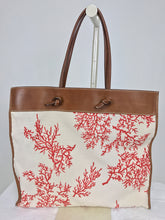 SOLD Valentino leather trimmed painted coral canvas tote bag