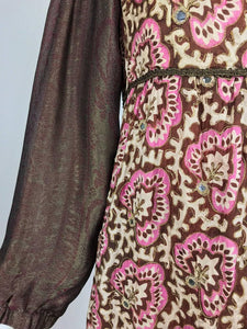 SOLD Thea Porter printed mirrored silk maxi dress with gold shot sleeves 1970s