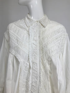 Victorian White Cotton Ruched Broderie Anglaise Eyelet Bed Jacket 1890s