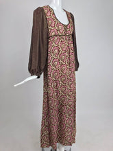 SOLD Thea Porter printed mirrored silk maxi dress with gold shot sleeves 1970s