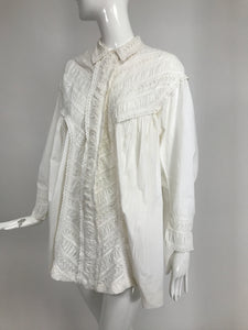 Victorian White Cotton Ruched Broderie Anglaise Eyelet Bed Jacket 1890s