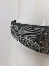 SOLD Opalescent jewel stone carved leather belt, 1980s