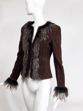 Escada Feather Trimmed Chocolate Brown Suede Jacket
