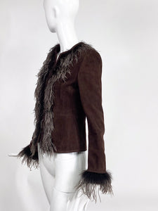 Escada Feather Trimmed Chocolate Brown Suede Jacket