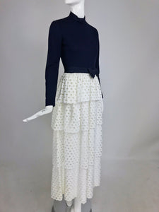 SOLD Martha Palm Beach Ink Blue Jersey Tiered White Eyelet Maxi Dress 1970s