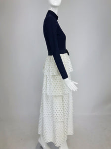 SOLD Martha Palm Beach Ink Blue Jersey Tiered White Eyelet Maxi Dress 1970s