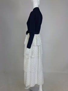 SOLD Martha Palm Beach Ink Blue Jersey Tiered White Eyelet Maxi Dress 1970s