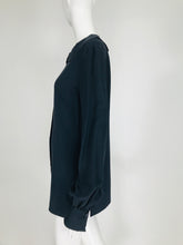 Vintage Valentino Dark Blue Silk Embroidered Tunic Blouse 1990s