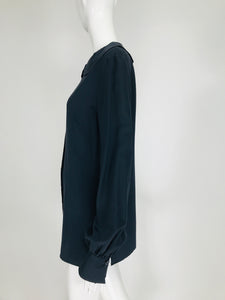 Vintage Valentino Dark Blue Silk Embroidered Tunic Blouse 1990s