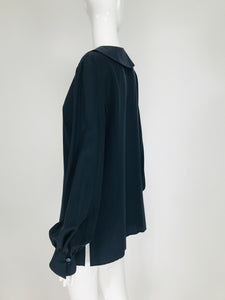 Vintage Valentino Dark Blue Silk Embroidered Tunic Blouse 1990s