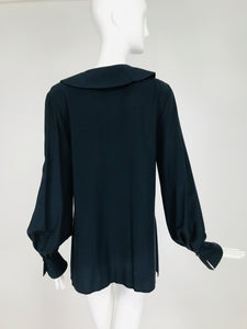 Vintage Valentino Dark Blue Silk Embroidered Tunic Blouse 1990s