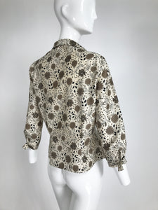 Vintage Modernist Print Rhinestone Cotton Twill Blouse by Jublee NY 1950s