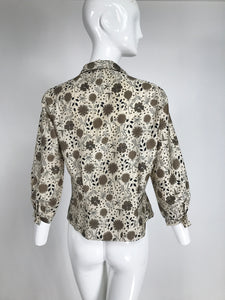 Vintage Modernist Print Rhinestone Cotton Twill Blouse by Jublee NY 1950s