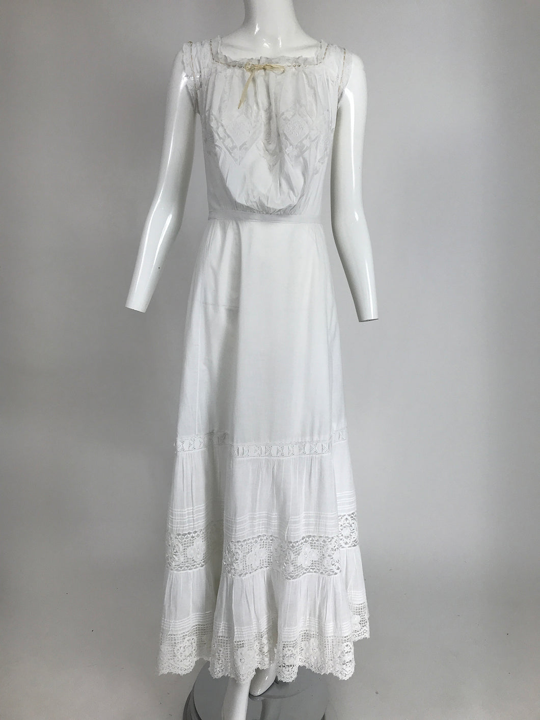 Victorian White Embroidered Cotton & Lace Long Camisole Petticoat Combination 1890s