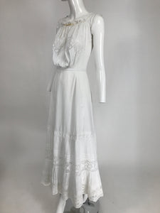 Victorian White Embroidered Cotton & Lace Long Camisole Petticoat Combination 1890s