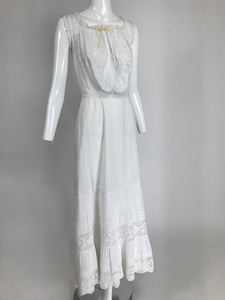 Victorian White Embroidered Cotton & Lace Long Camisole Petticoat Combination 1890s