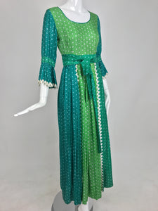 The Mirrors vintage aqua and green silk print maxi dress with white trim 1970s Vintage