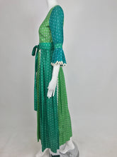 The Mirrors vintage aqua and green silk print maxi dress with white trim 1970s Vintage
