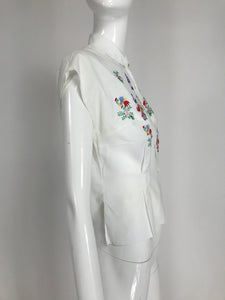 Vintage Hand Embroidered Linen Asian Theme Novelty Blouse 1950s