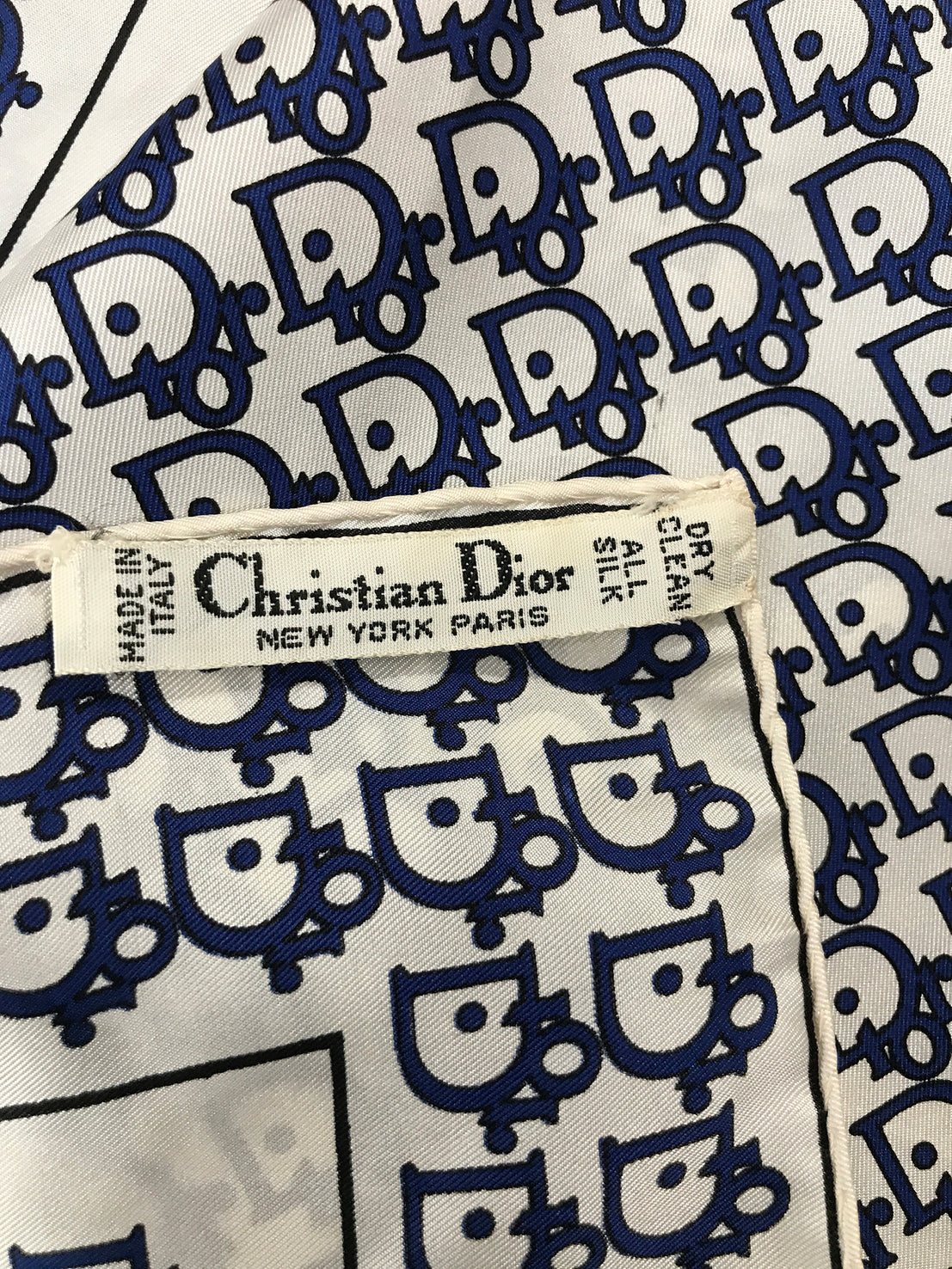 SOLD Christian Dior Blue & White Silk Logo Scarf 18 1/8