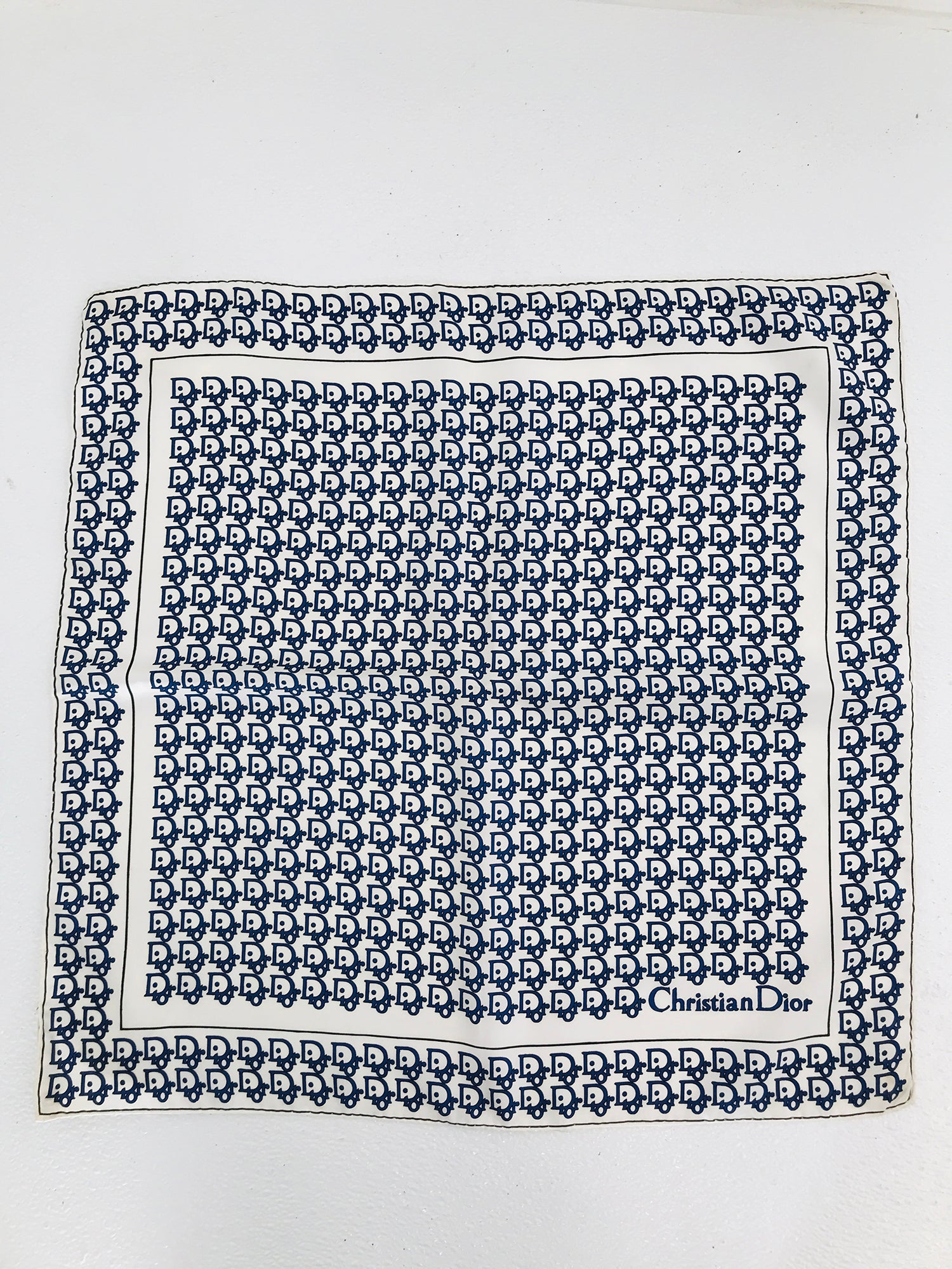 SOLD Christian Dior Blue & White Silk Logo Scarf 18 1/8