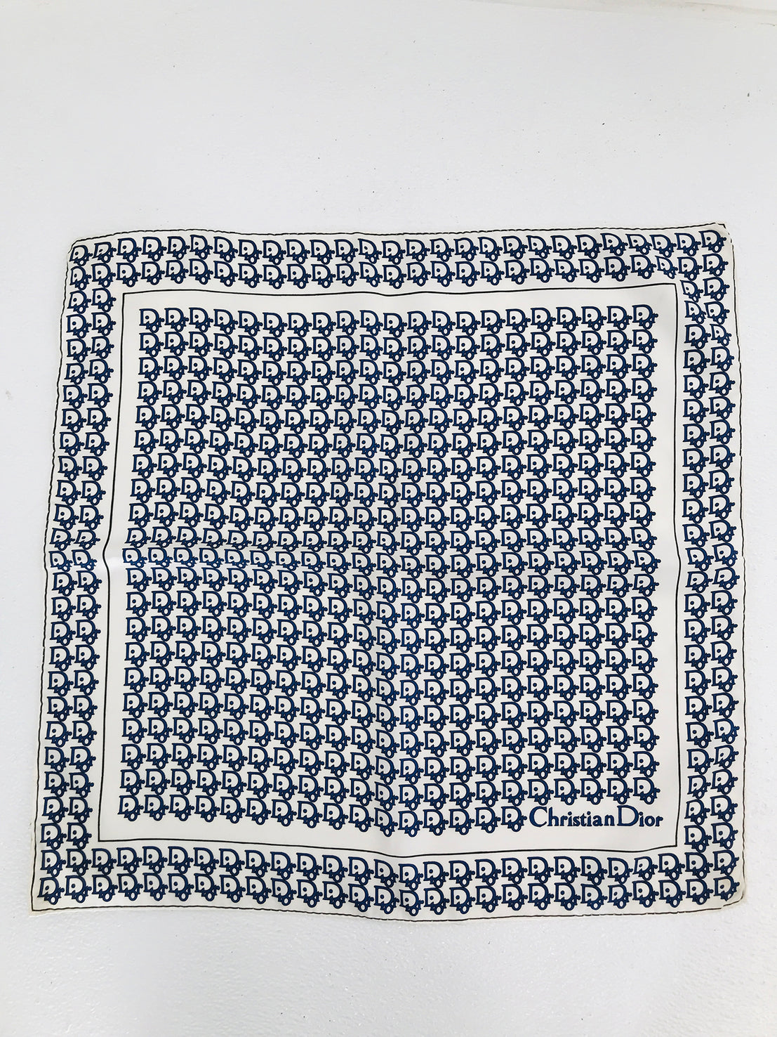 SOLD Christian Dior Blue & White Silk Logo Scarf 18 1/8
