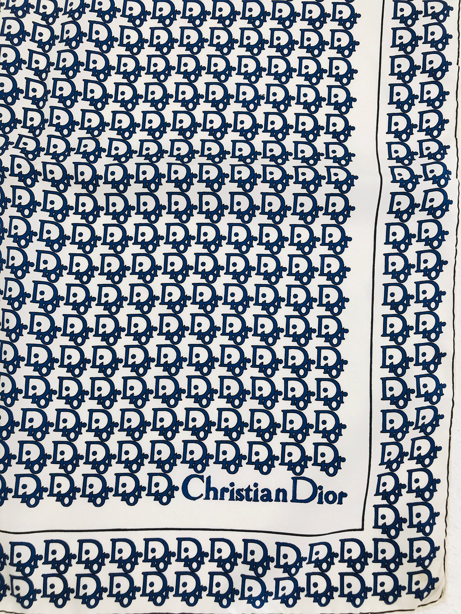 SOLD Christian Dior Blue & White Silk Logo Scarf 18 1/8