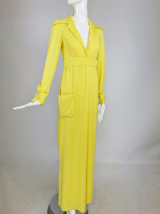 SOLD Victoria Royal Lillie Rubin Yellow Jersey Plunge Wrap Maxi Dress 1970s