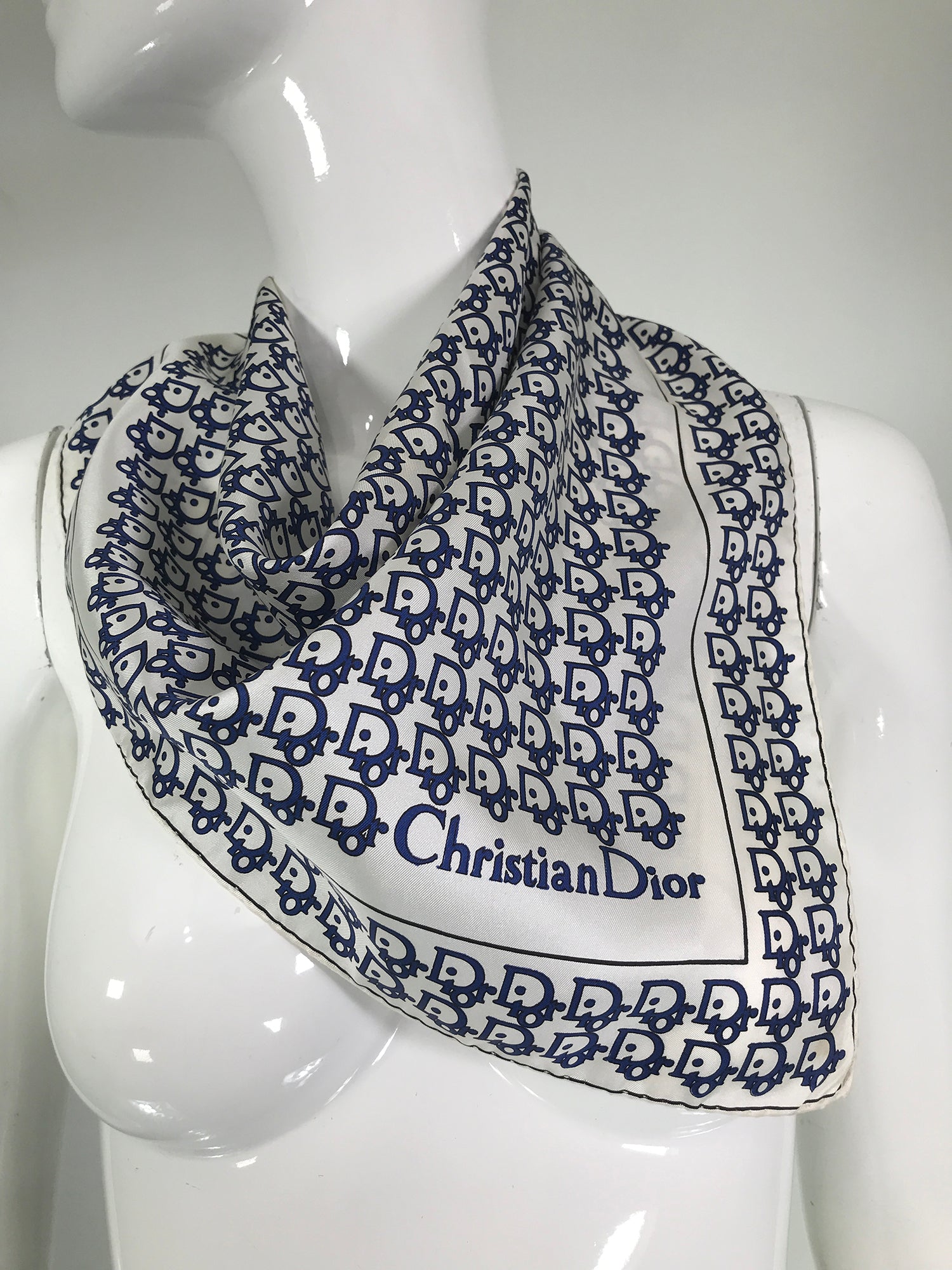 SOLD Christian Dior Blue & White Silk Logo Scarf 18 1/8” x 18 1/2