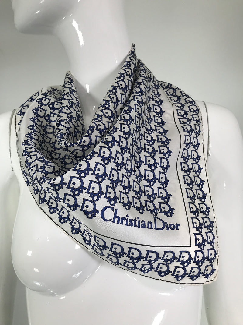 SOLD Christian Dior Blue & White Silk Logo Scarf 18 1/8