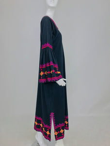 SOLD Embroidered Black Woven Cotton Linen Caftan Huge Bell Sleeves 1960s