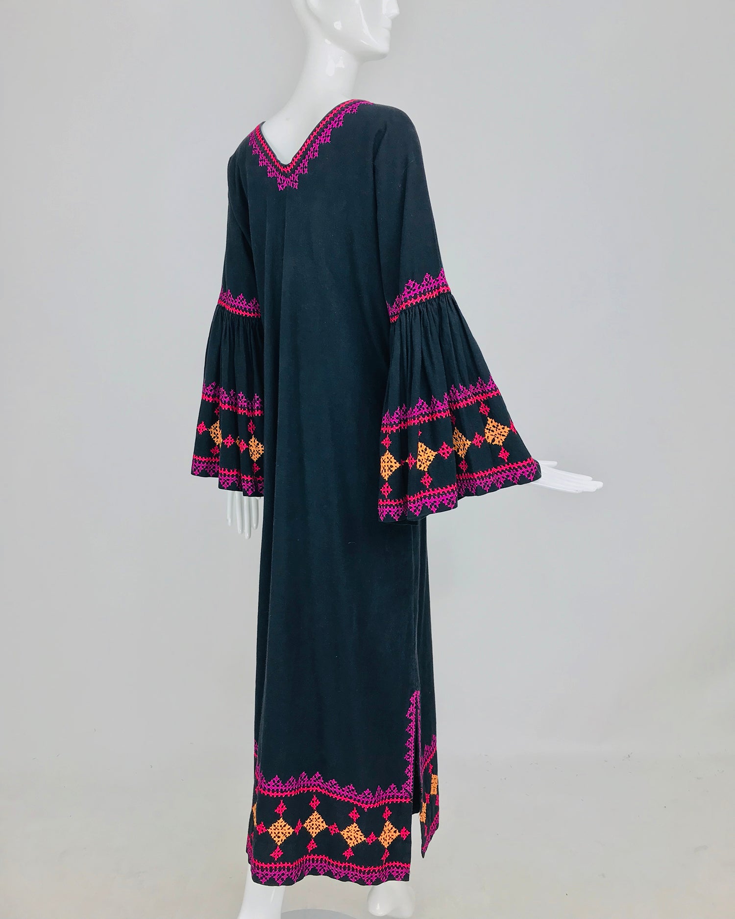 SOLD 1960s Black Cotton Hand Embroidered Bell Sleeve Maxi Dress India – Palm Beach Vintage