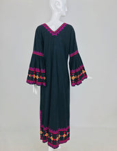SOLD 1960s Black Cotton Hand Embroidered Bell Sleeve Maxi Dress India