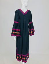 SOLD Embroidered Black Woven Cotton Linen Caftan Huge Bell Sleeves 1960s