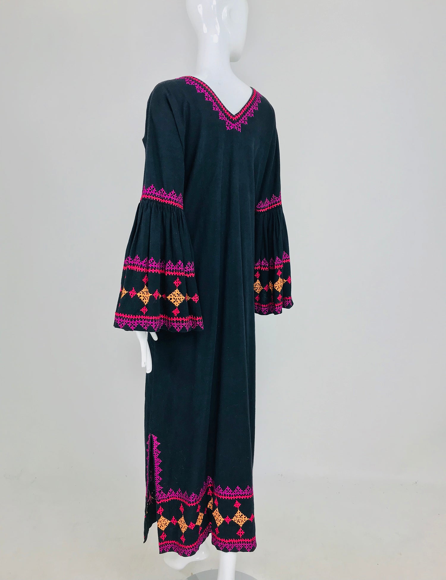 SOLD 1960s Black Cotton Hand Embroidered Bell Sleeve Maxi Dress India Palm Beach Vintage SOLD 1960s Black Cotton Hand Embroidered Bell Sleeve Maxi Dress India Palm Beach Vintage
