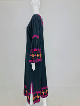 SOLD 1960s Black Cotton Hand Embroidered Bell Sleeve Maxi Dress India