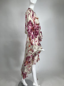 Roberto Cavalli Floral Silk Plunge Neck Dip Hem Ruffle Gypsy Dress L