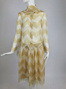 SOLD Chanel Tan and Cream Zig Zag Silk Chiffon Blouse and Skirt 2000A
