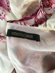 Roberto Cavalli Floral Silk Plunge Neck Dip Hem Ruffle Gypsy Dress L