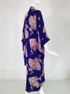 Vintage Purple Silk Crepe Maple Leaf Design Silk Lined Kimono